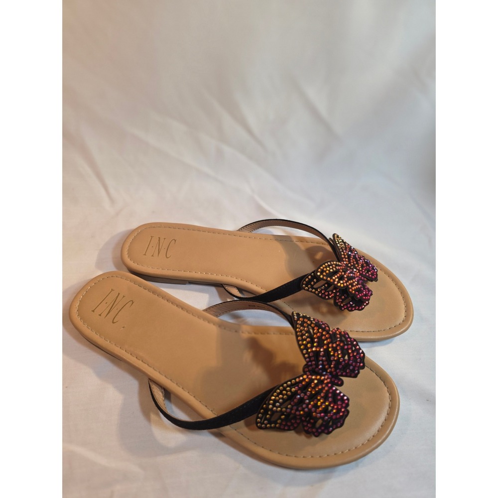 INC International Concepts Butterfly Rhinestone Thong Sandals Black Tan 8.5M